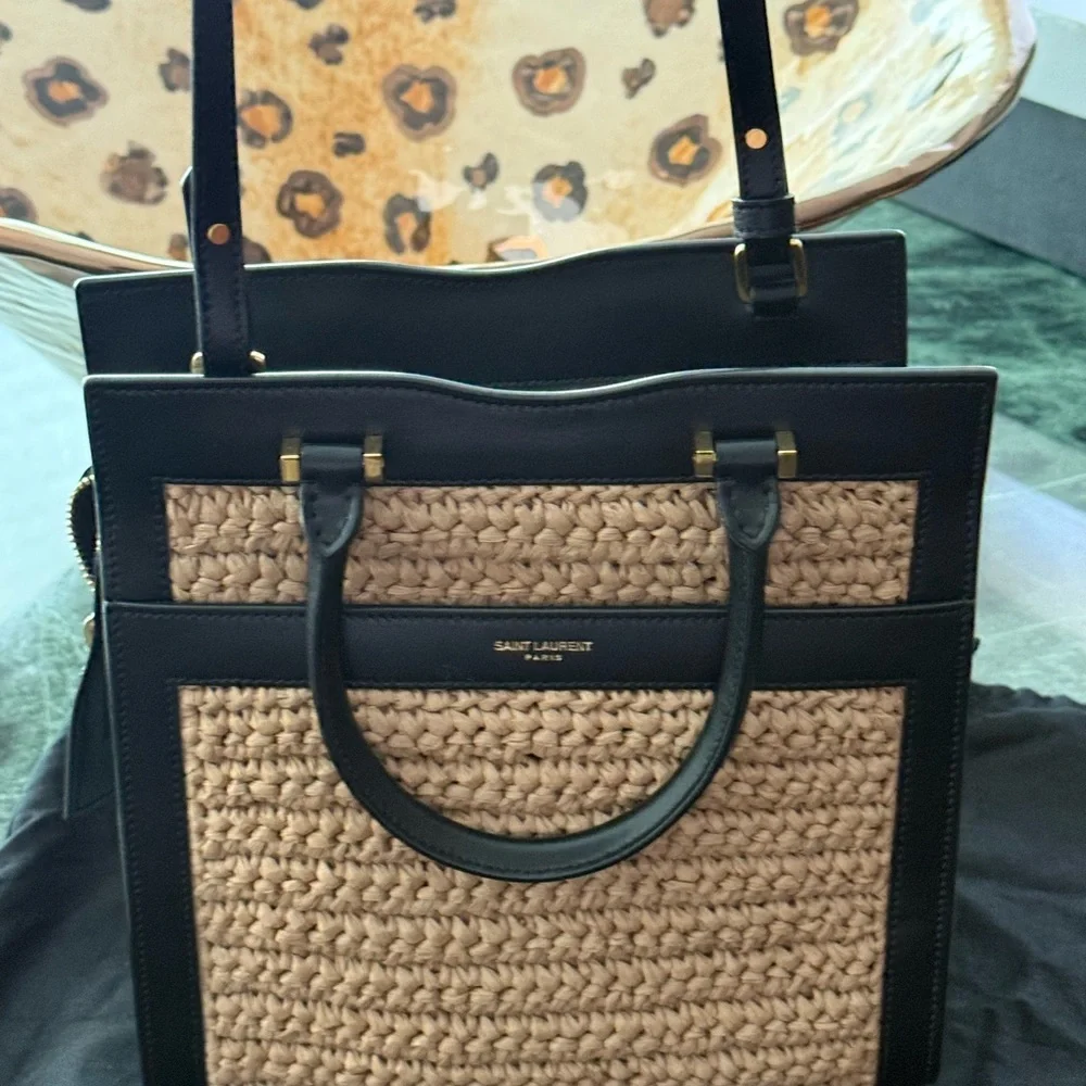 Saint Laurent woven raffia and black calfskin leather handbag NWOT - Picture 6 of 10